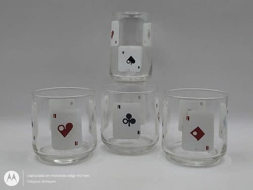 Lote Vasos De Cristal Con Figuras Cartas Póker Vintage 70's Transparente Con Negro Y Rojo
