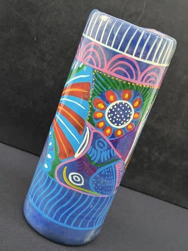 Vaso Artesanal Con Flores De Arcilla 18.5cm 500ml Usado Azul Floreado — Coleccionables vintage