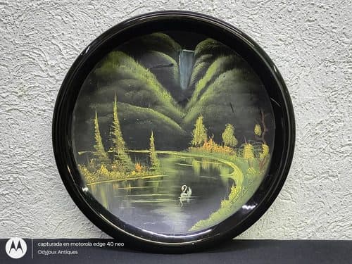 Plato Antiguo Pintado A Mano Paisaje Cisne Óleo Vintage 70s Negro Plato Antiguo Pintado A Mano Paisaje Cisne Al Óleo Vintage Años 70's