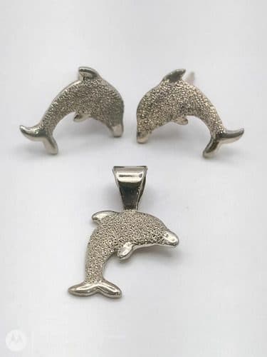 Aretes Y Dije Delfines En Plata Fina .925 Usado Plateado — Coleccionables vintage