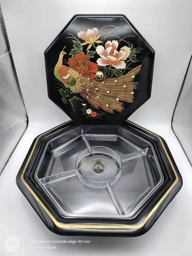 Charola Botanera Octagonal Japonesa Pavo Real Vintage 70's Negro