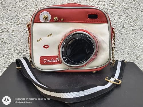Bolsa Forma De Cámara Fotográfica Retro Vintage Roja Crossbo Rojo Liso Brilloso Oro Negro