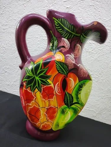 Jarrón Florero Artesanal Oaxaqueño Frutas Barro Usado 35cm Morado Verde Rojo Naranja Amarillo Frutas — Decoración vintage