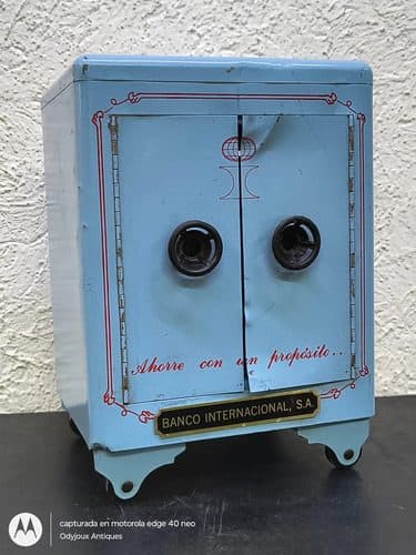 Alcancía Antigua Vintage Banco Internacional S.a Años 60's Alcancía Antigua Vintage Banco Internacional S.a Ahorre Con Un Propósito Años 60's De Colección Azul Acero