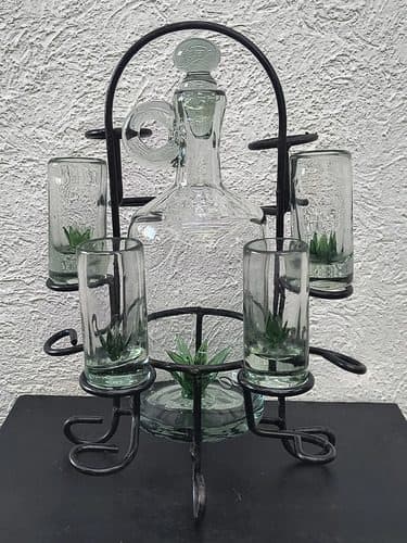 Set Licorera Artesanal Tequilero De Vidrio Soplado Vintage Transparente Con Verde