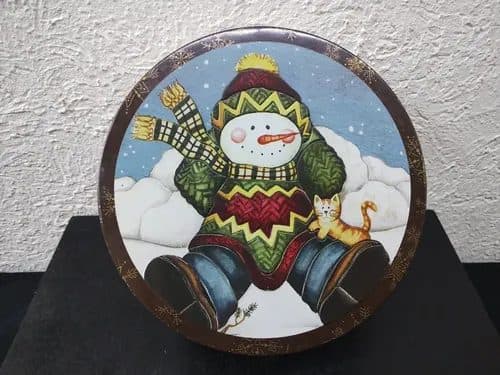 Caja Metálica Navideña Muñeco Nieve Promocional Vacia Azul Claro Navideña Muñeco De Nieve — Coleccionables vintage