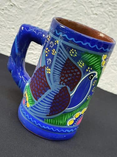 Taza De Arcilla Mexicana Decorada Pájaros Hecha A Mano Azul Taza De Arcilla Mexicana Decorada Pájaros Hecha A Mano Artesanía