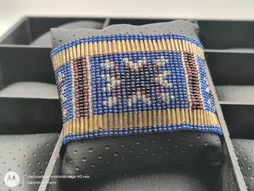 Pulsera Brazalete Artesanal Huichol Chaquiron Tejido A Mano Azul — Coleccionables vintage