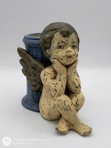 Estatua De Ángel Sentado Lapicero Cerámica/yeso Vintage 15cm Azul Beige Dorado