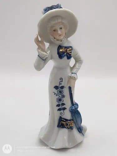 Mujer De Porcelana Victoriana Vintage Con Paraguas Sombrero