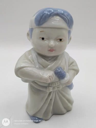 Figura Mujer Ninja De Porcelana Antiguo 13cm Vintage Orig Azul Con Blanco