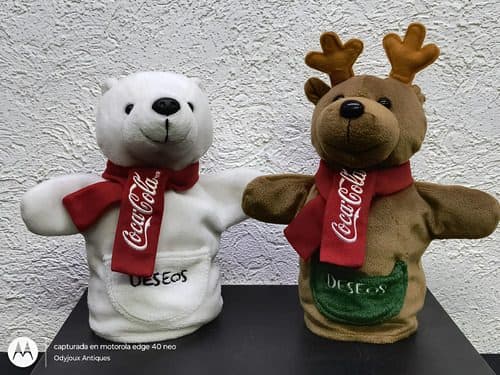 Set Peluches Marionetas Navideñas Deseos Coca Cola Reno Oso Blanco Y Café — Coleccionables vintage