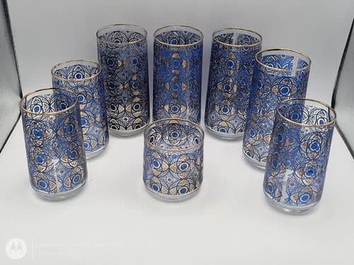 Lote Vasos De Cristal Marroquí Vintage Años 70's 8-pack Azul Cobalto Y Dorado Filo De Oro