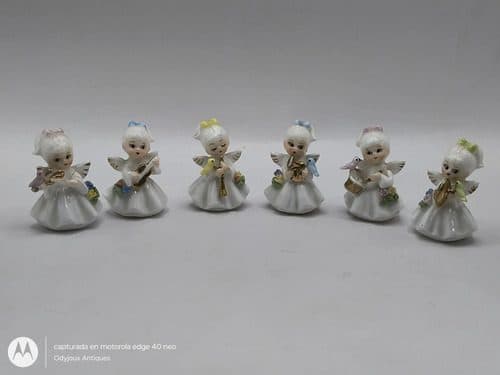 Set 6 Mini Angeles De Porcelana Músicos Taiwan Vintage 70's Beige