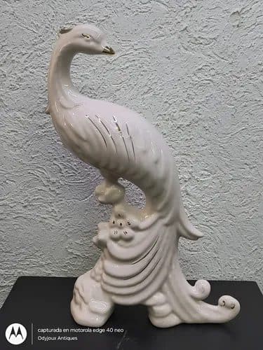 Pavo Real De Porcelana Rosa Retoques Filo De Oro 70s Vintage Rosa Claro