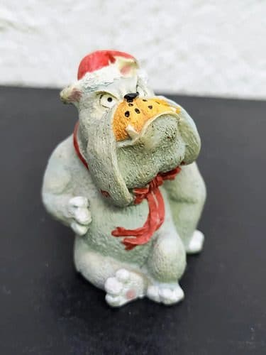 Figura Navideña Perro Bulldog Santa Claus Vintage 90s Resina Gris