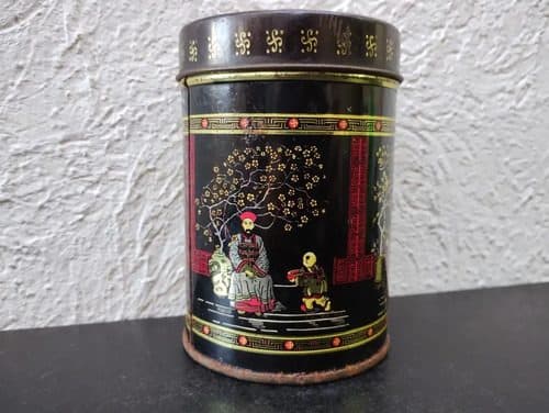 Bote/lata Vintage Negro Dorado Patrón Asiático Floral 80's