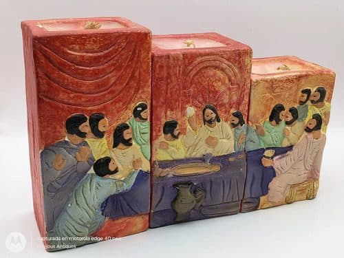 Set Velas De Cerámica Imagen Última Cena Y Cristo Vintage Rojo Set 3-pack Velas De Cerámica Artesanal Imagen Última Cena Y Cristo Vintage Sin Aroma