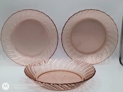 Plato/cuenco Fortecrisa Vidrio Rosa Vintage 70's Lote 3pz Rosa Pálido Platos/cuencos Fortecrisa Vidrio Rosa Remolino 21cm Vintage 70's Lote 3pz