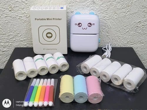 Mini Impresora Térmica Portátil Fotos Pack 13 Rollos Papel Azul Con Blanco
